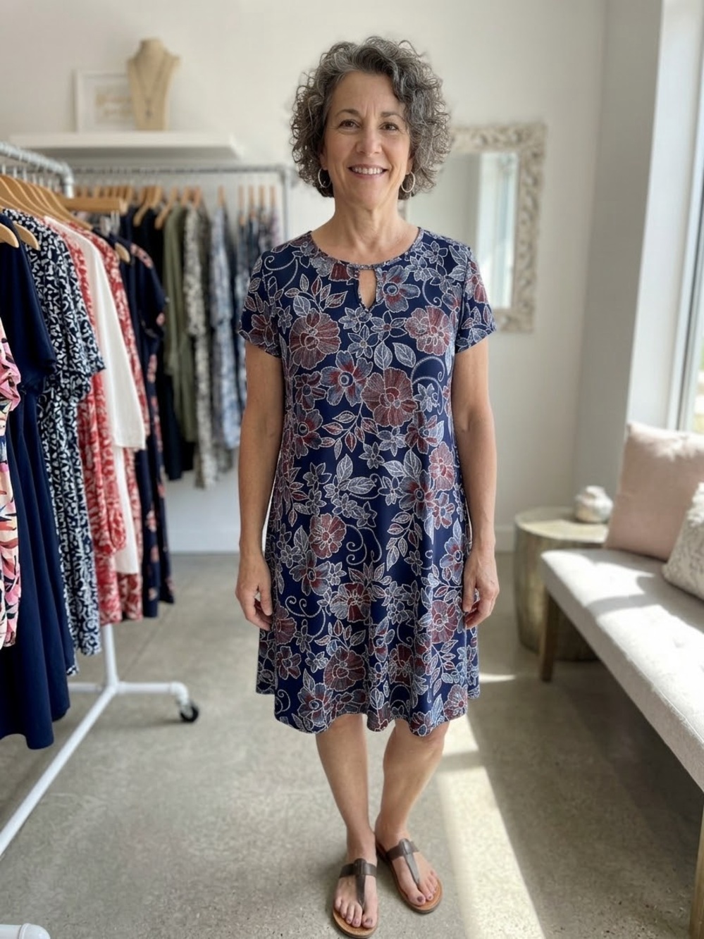 Espresso Size XL Multicolor Navy Floral Short Sleeve Knee Length Trapeze Dress